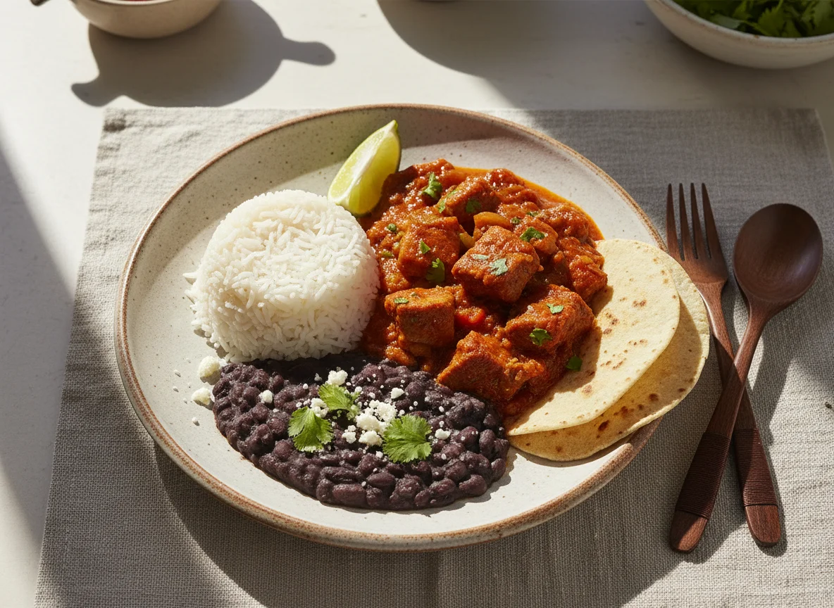 Plato de guisado con arroz y frijoles photo