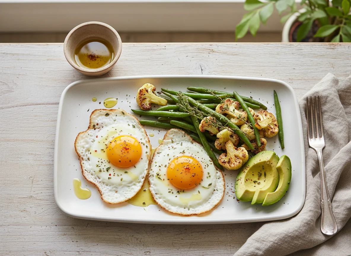 Plato de huevo frito con vegetales photo