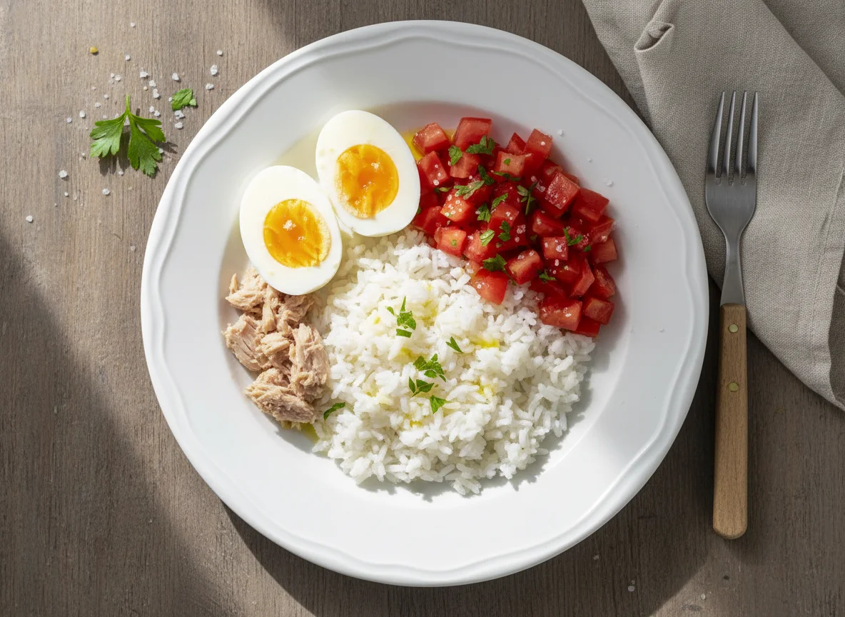 Plato de huevos, atún, arroz y tomate photo