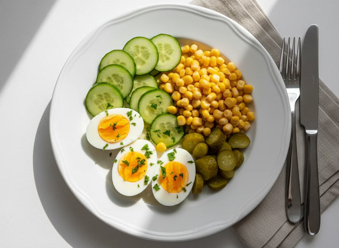 Plato de huevos cocidos, pepino, maíz y pepinillo photo