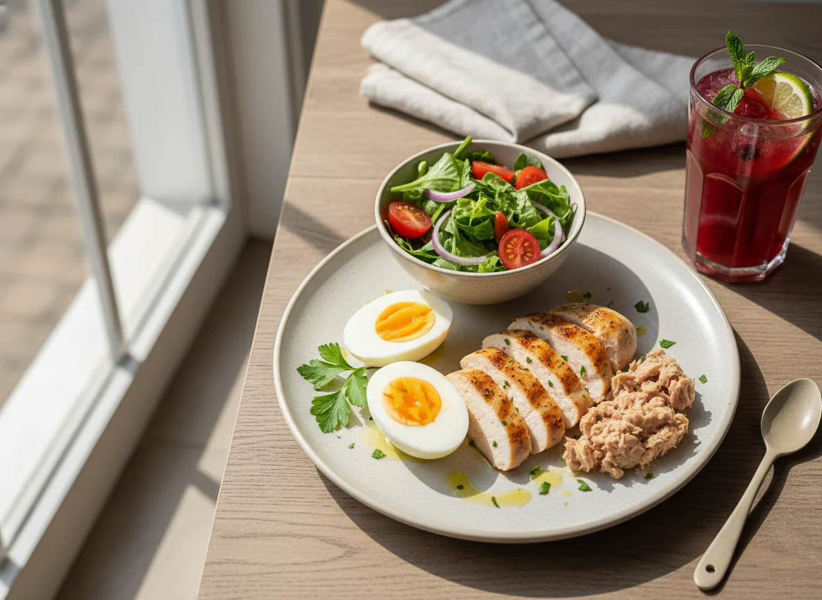 Plato de huevos cocidos, pollo y atún con bebida photo