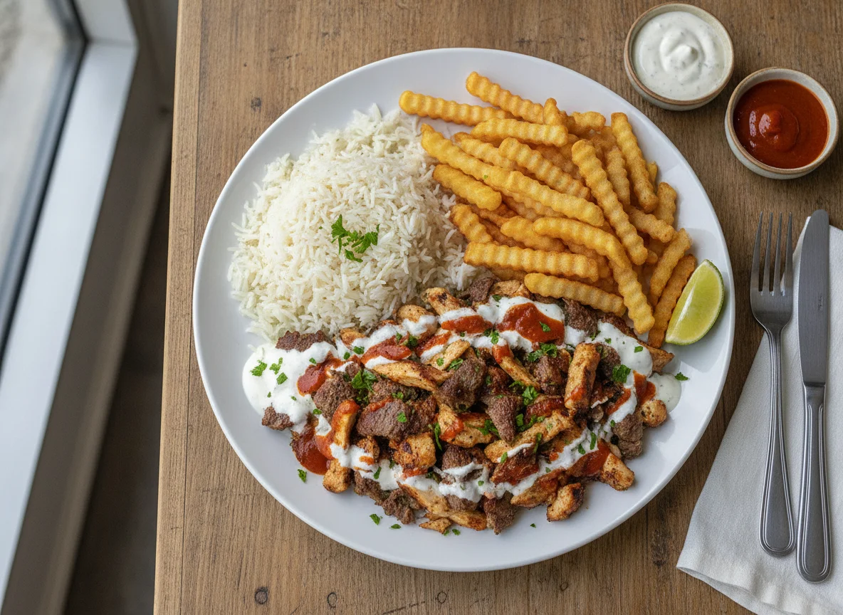 Plato de Kebab con Arroz y Patatas Fritas photo