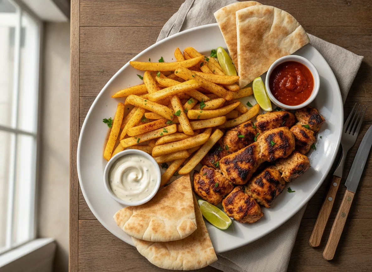 Plato de kebab con patatas fritas y pan de pita photo