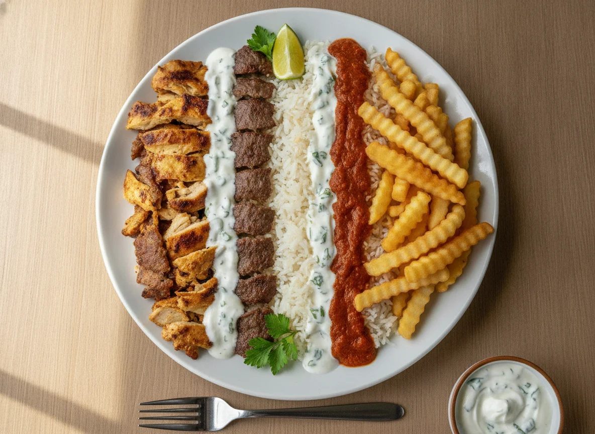 Plato de Kebab Mixto con Arroz y Patatas Fritas photo
