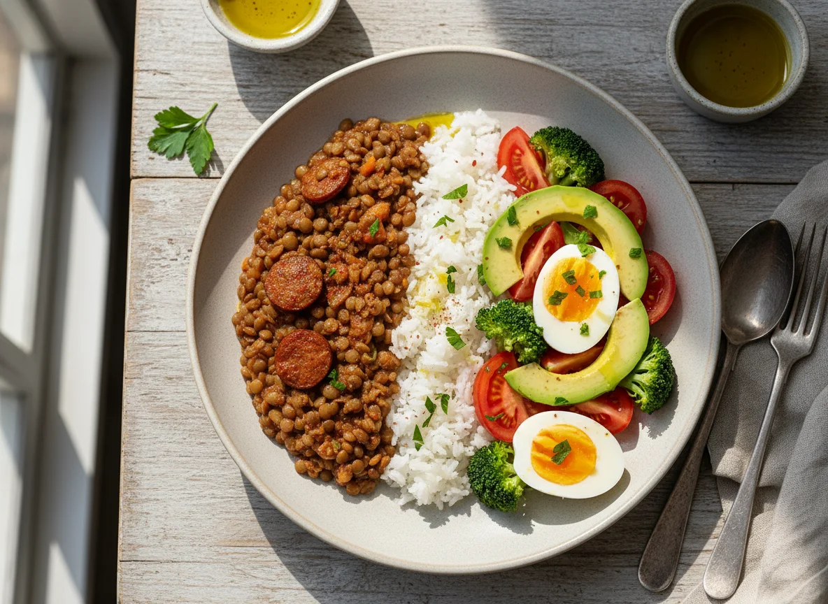 Plato de lentejas, arroz y ensalada con palta y brócoli photo