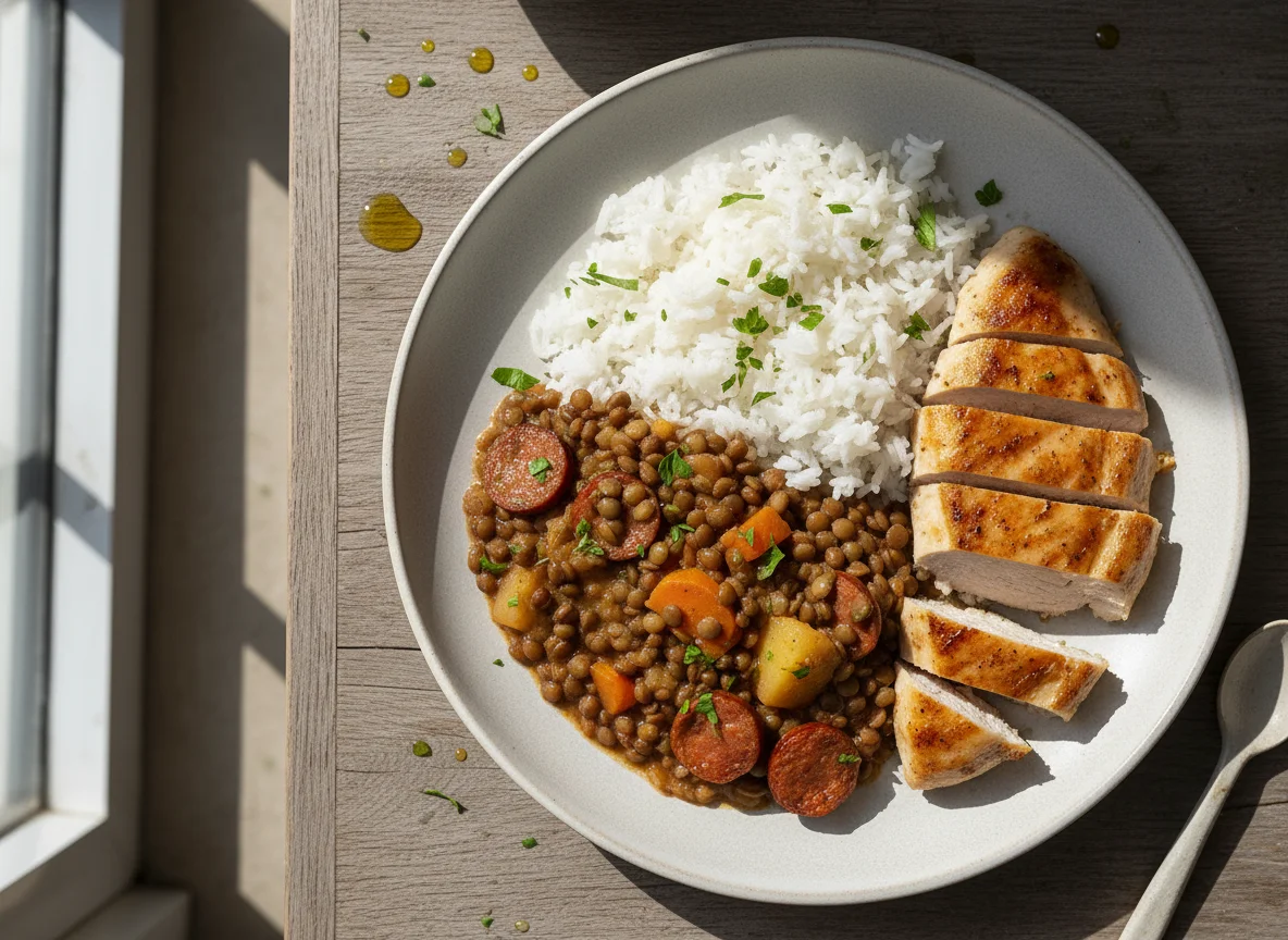 Plato de lentejas con arroz y pollo photo