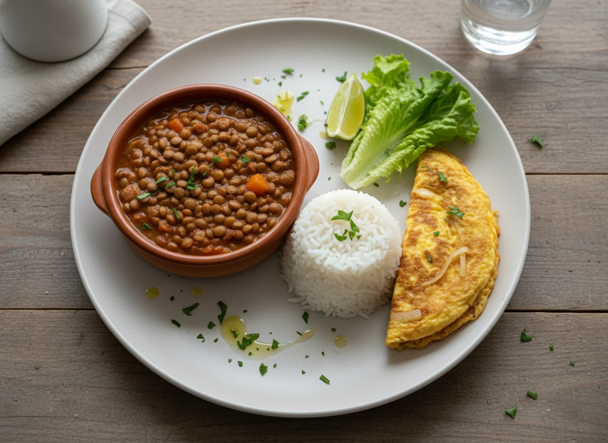 Plato de lentejas con arroz y tortilla photo