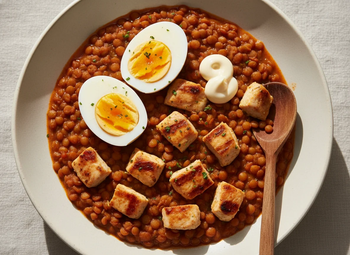 Plato de lentejas, pollo y huevos cocidos photo