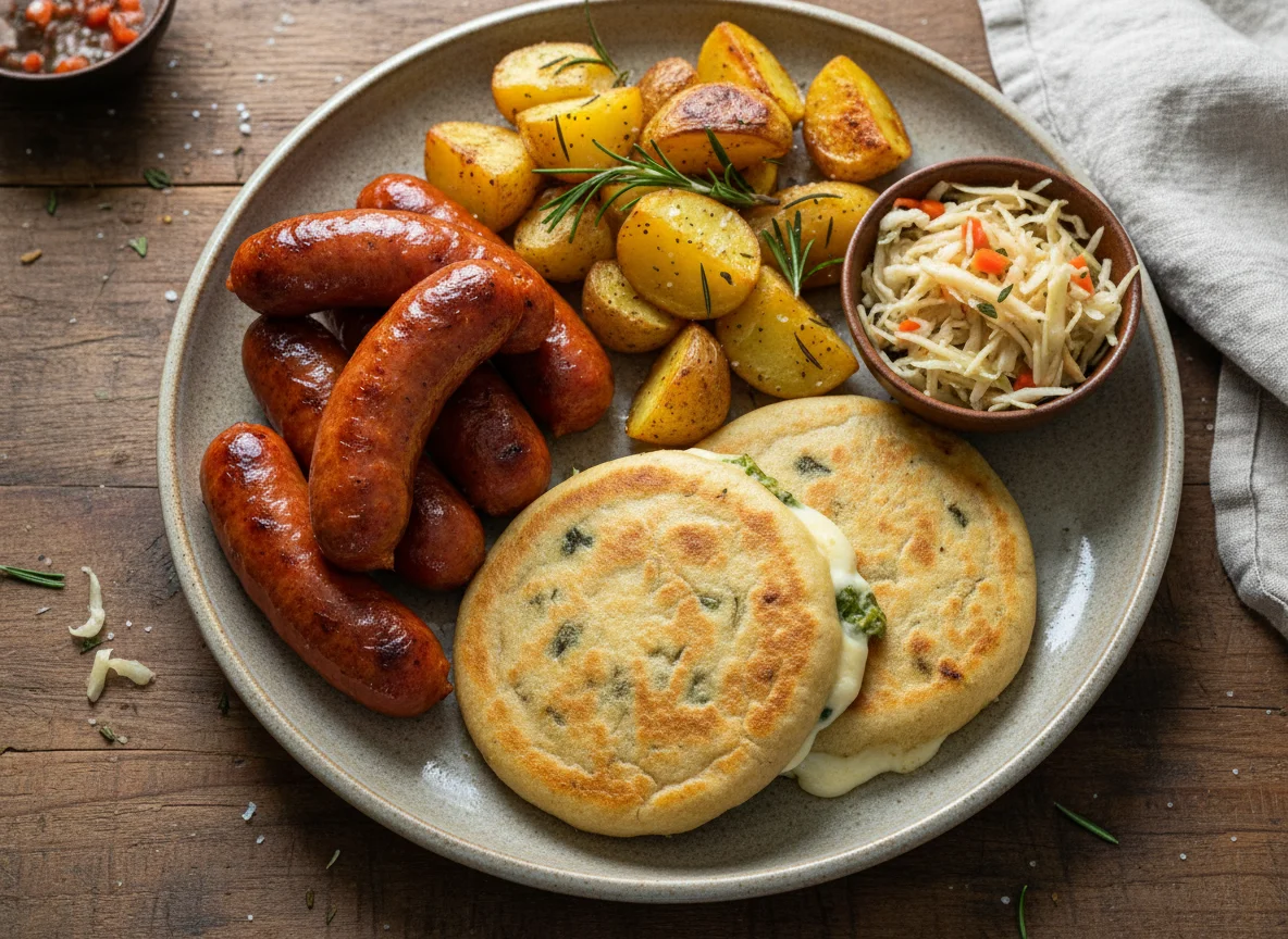 Plato de longanizas con papas y pupusas photo