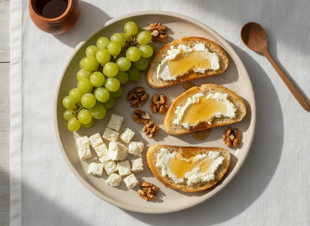 Plato de merienda con uvas, queso, nueces y pan tostado photo