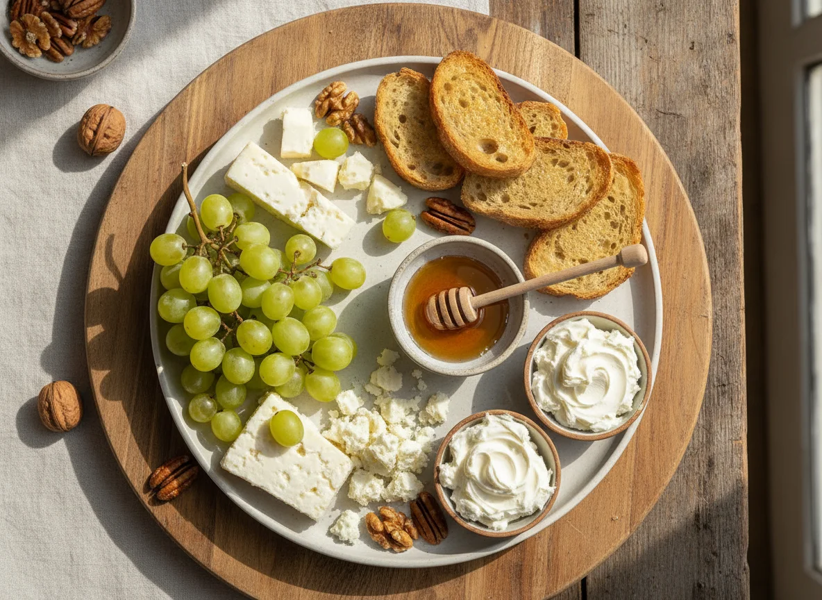 Plato de merienda con uvas, queso y nueces photo