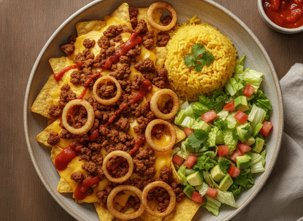 Plato de nachos con carne picada, arroz y ensalada photo