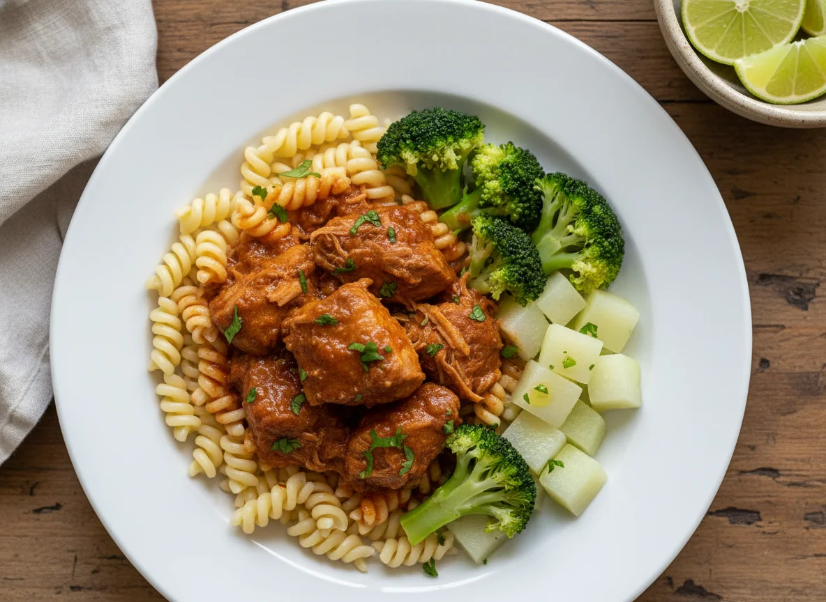 Plato de pasta, cerdo y vegetales photo