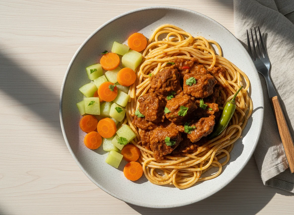 Plato de pasta con carne y vegetales photo