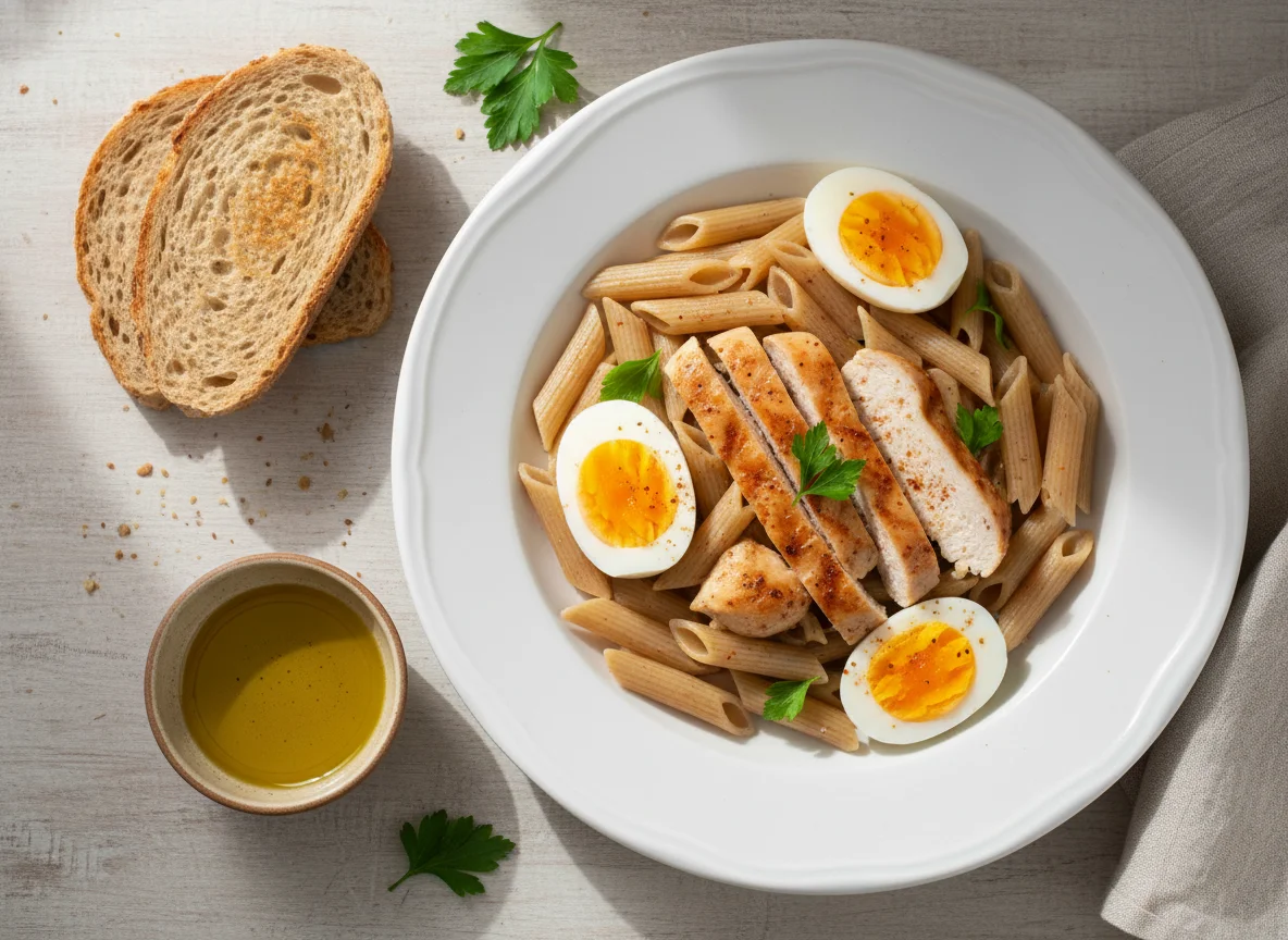 Plato de pasta integral con pollo y huevo photo