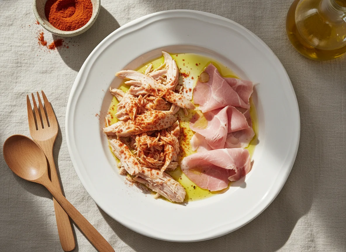Plato de pavo desmenuzado y jamón cocido photo