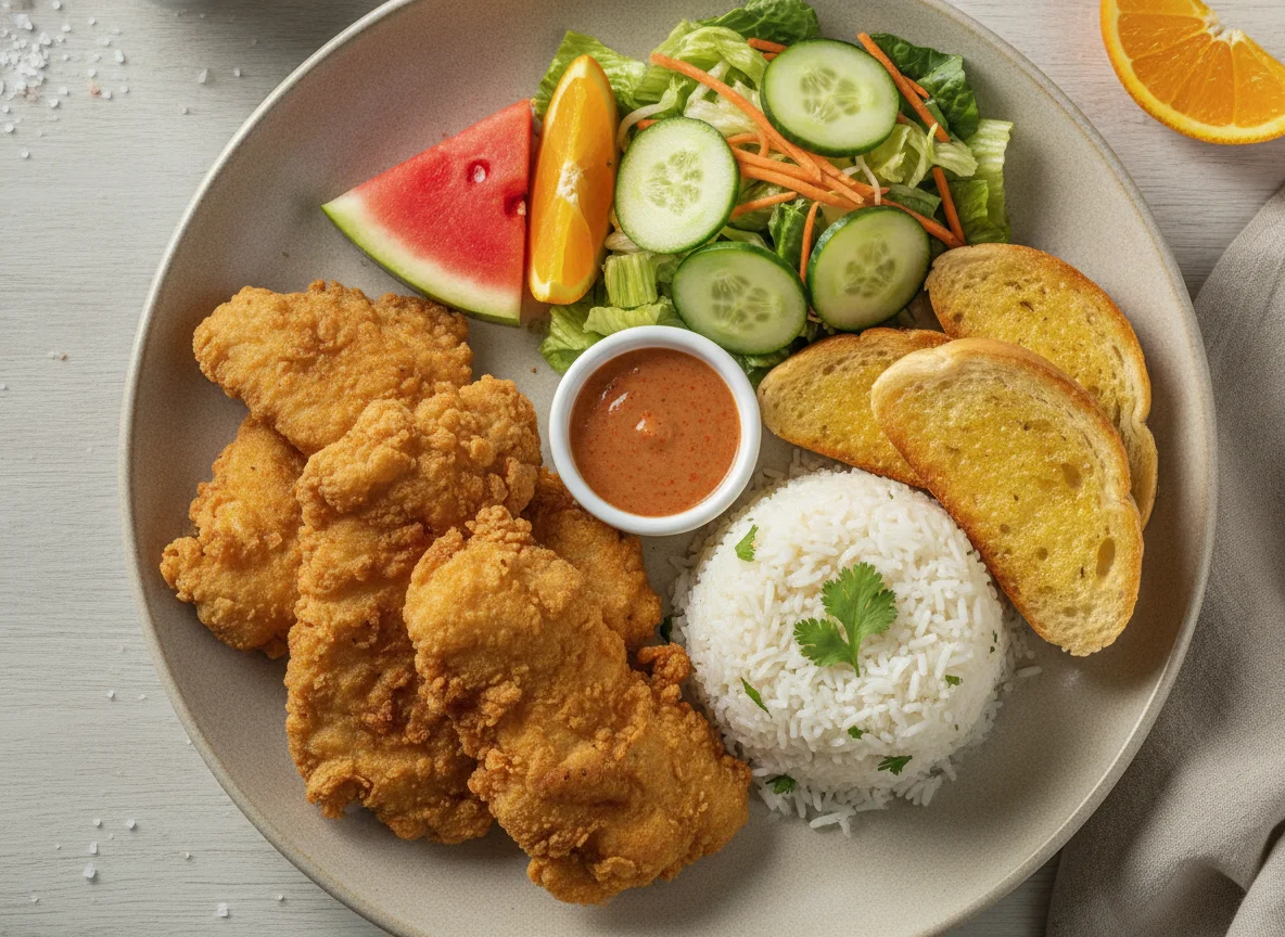 Plato de pescado frito con arroz y ensalada photo