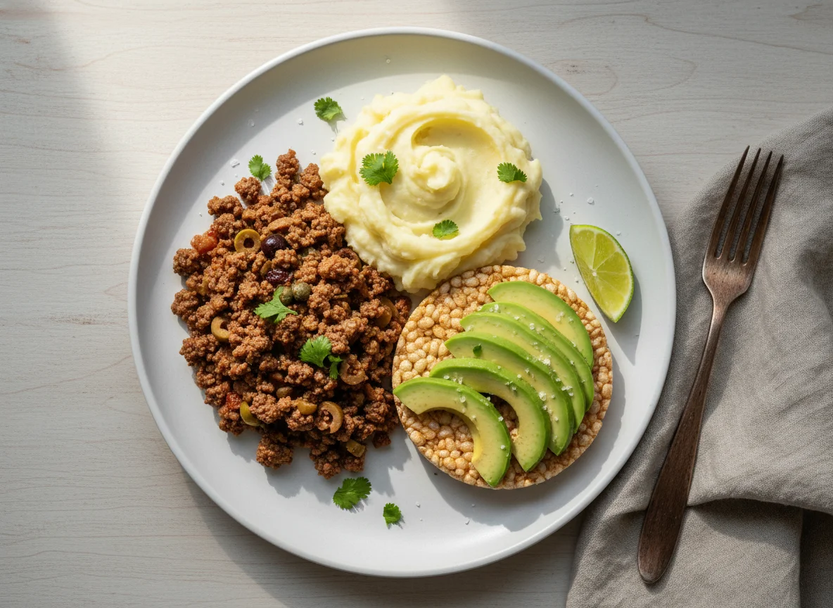 Plato de picadillo con puré de papa y tostada de arroz con aguacate photo
