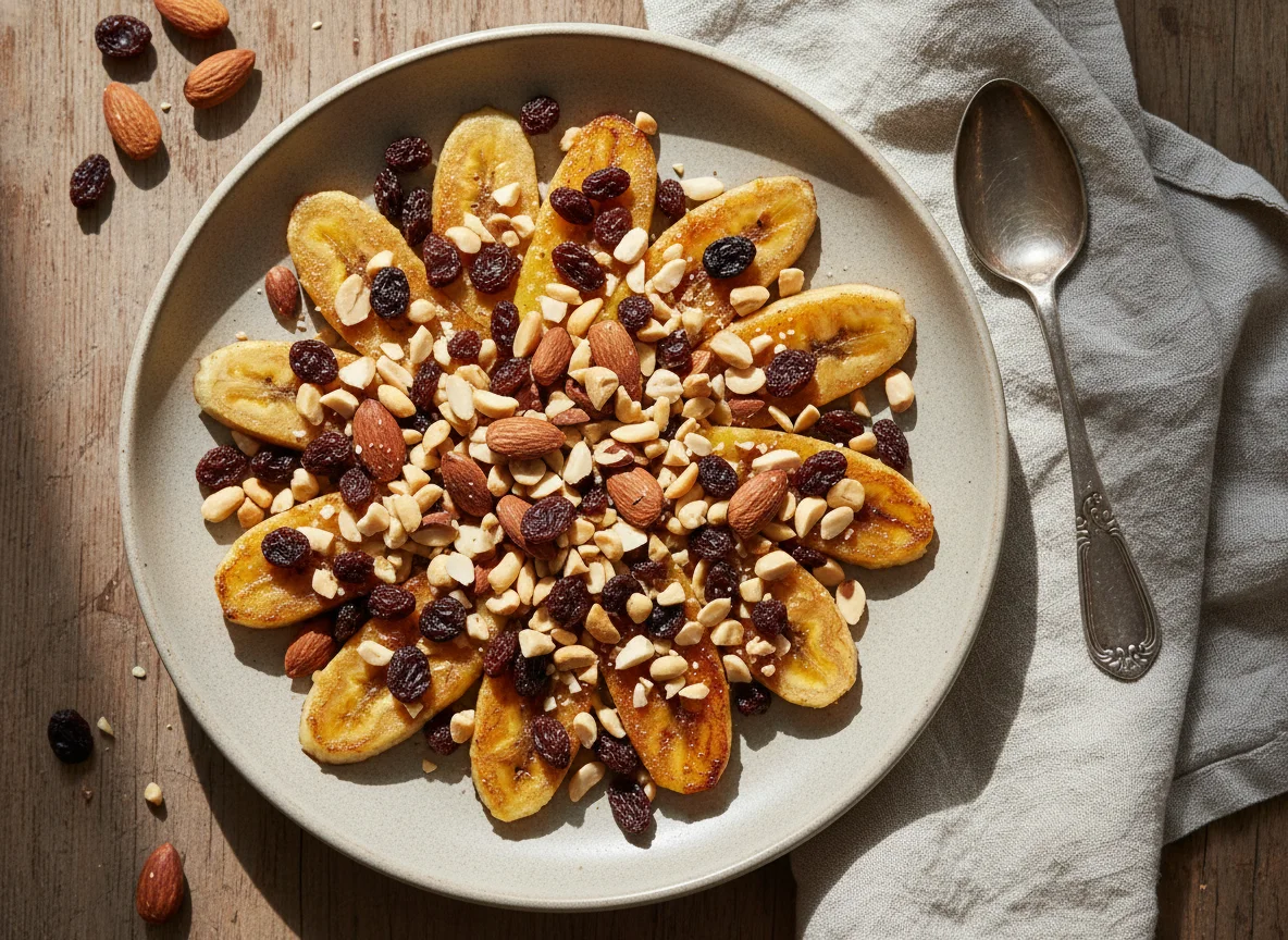 Plato de plátano con frutos secos y pasas photo