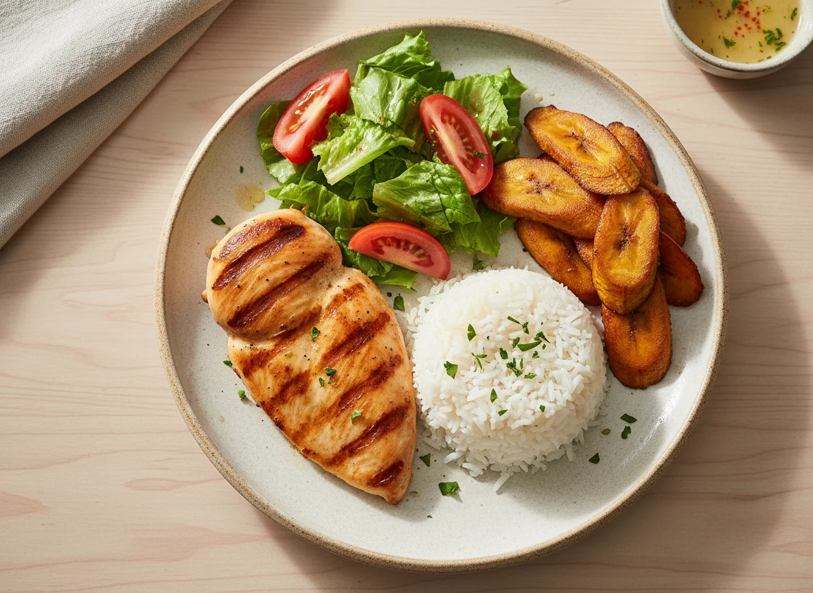 Plato de pollo a la plancha con arroz, plátano maduro y ensalada photo