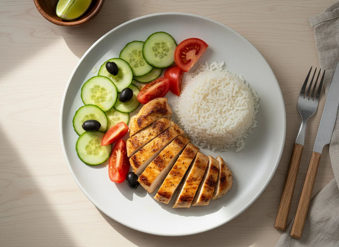 Plato de pollo a la plancha con arroz y ensalada photo