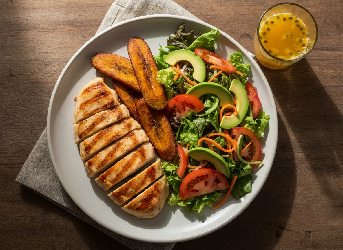 Plato de pollo a la plancha con ensalada y plátano maduro photo
