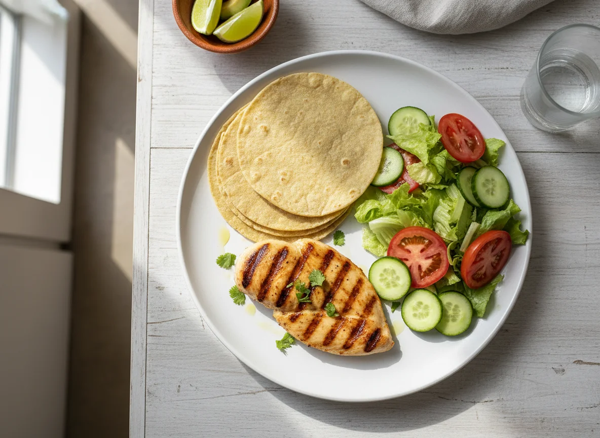 Plato de pollo a la plancha con ensalada y tortilla photo