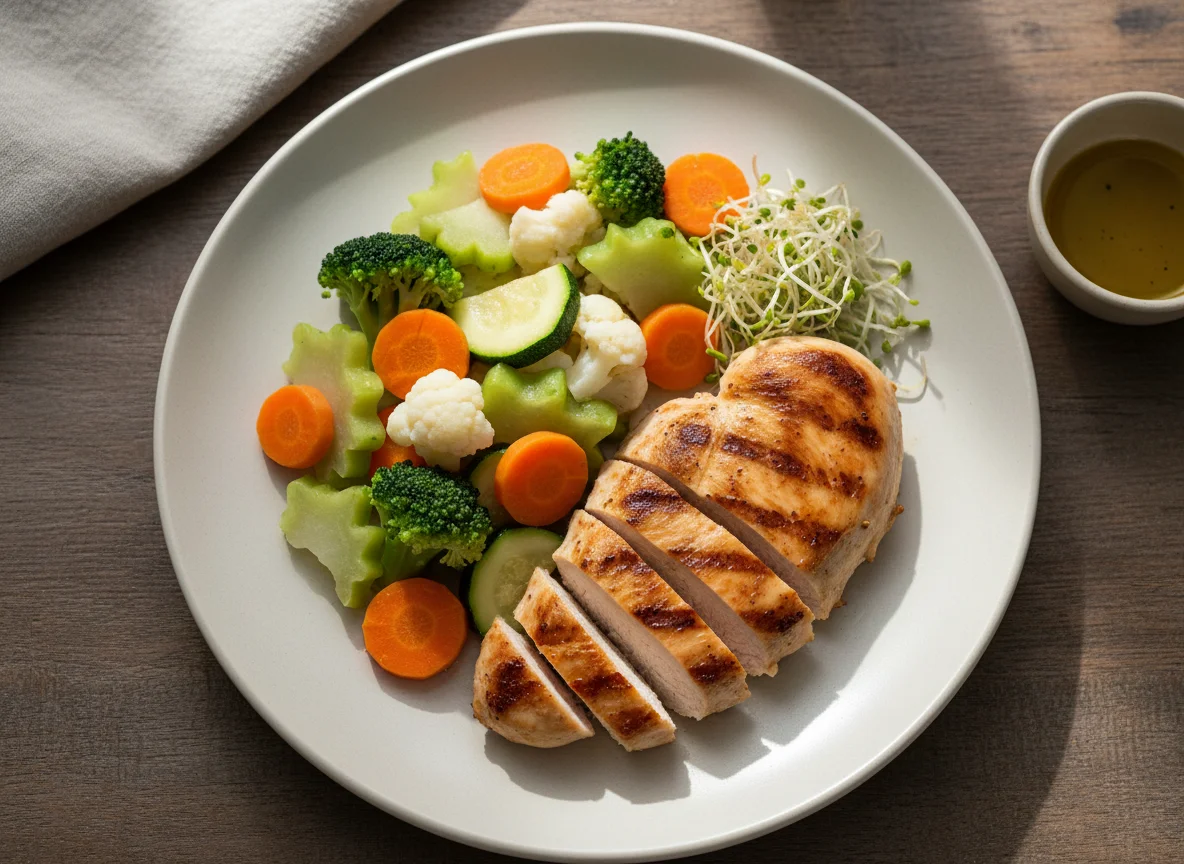 Plato de pollo a la plancha con vegetales al vapor y germinados photo