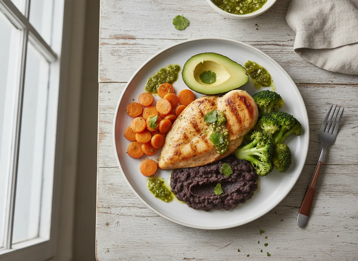 Plato de pollo a la plancha con vegetales y aguacate photo