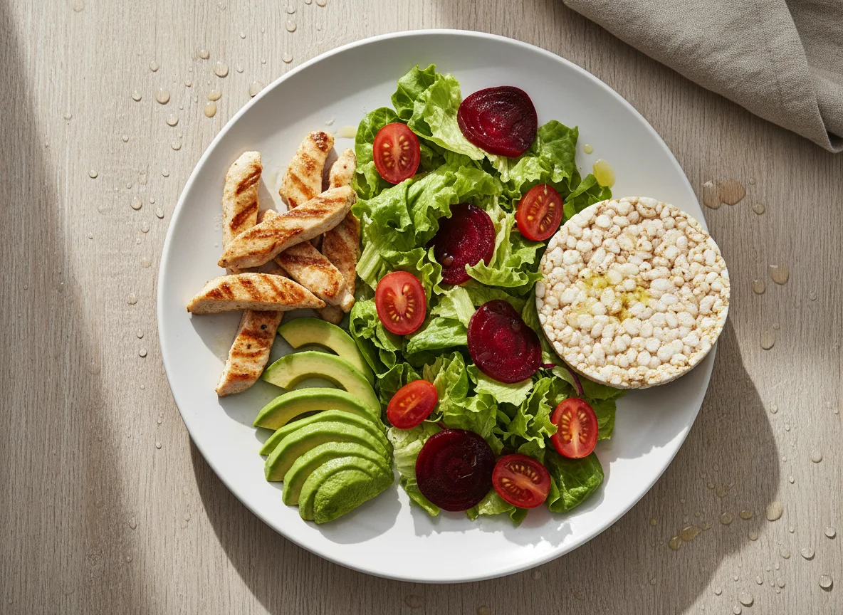 Plato de pollo, aguacate, ensalada y tortita de arroz photo