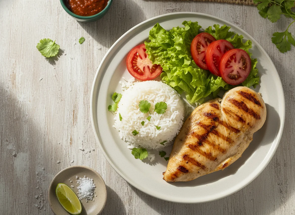Plato de pollo, arroz y ensalada photo
