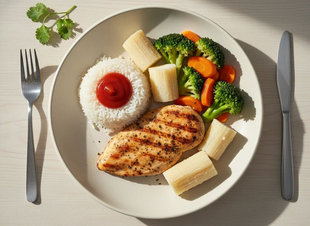 Plato de pollo con arroz, brócoli y yuca photo
