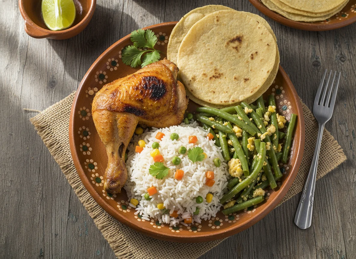 Plato de pollo con arroz, ejotes y tortilla photo