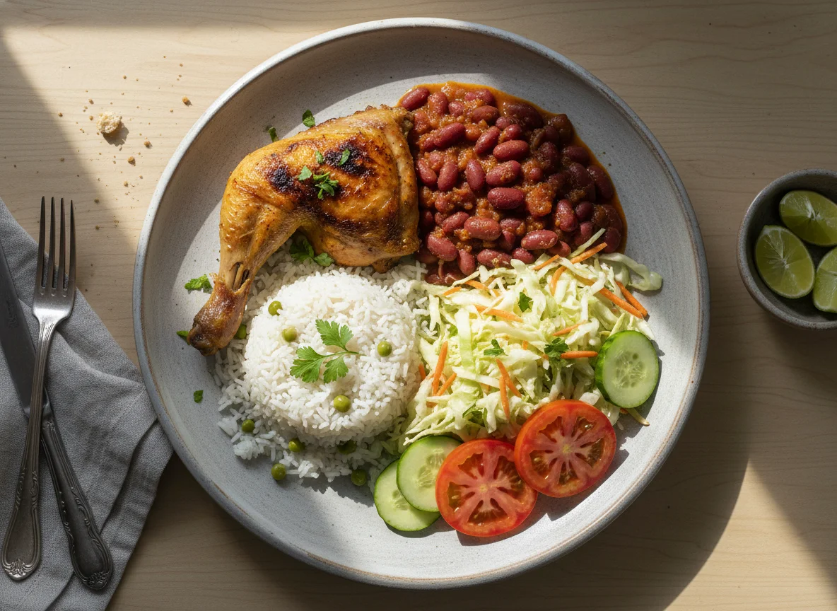 Plato de pollo con arroz, frijoles y ensalada de col photo
