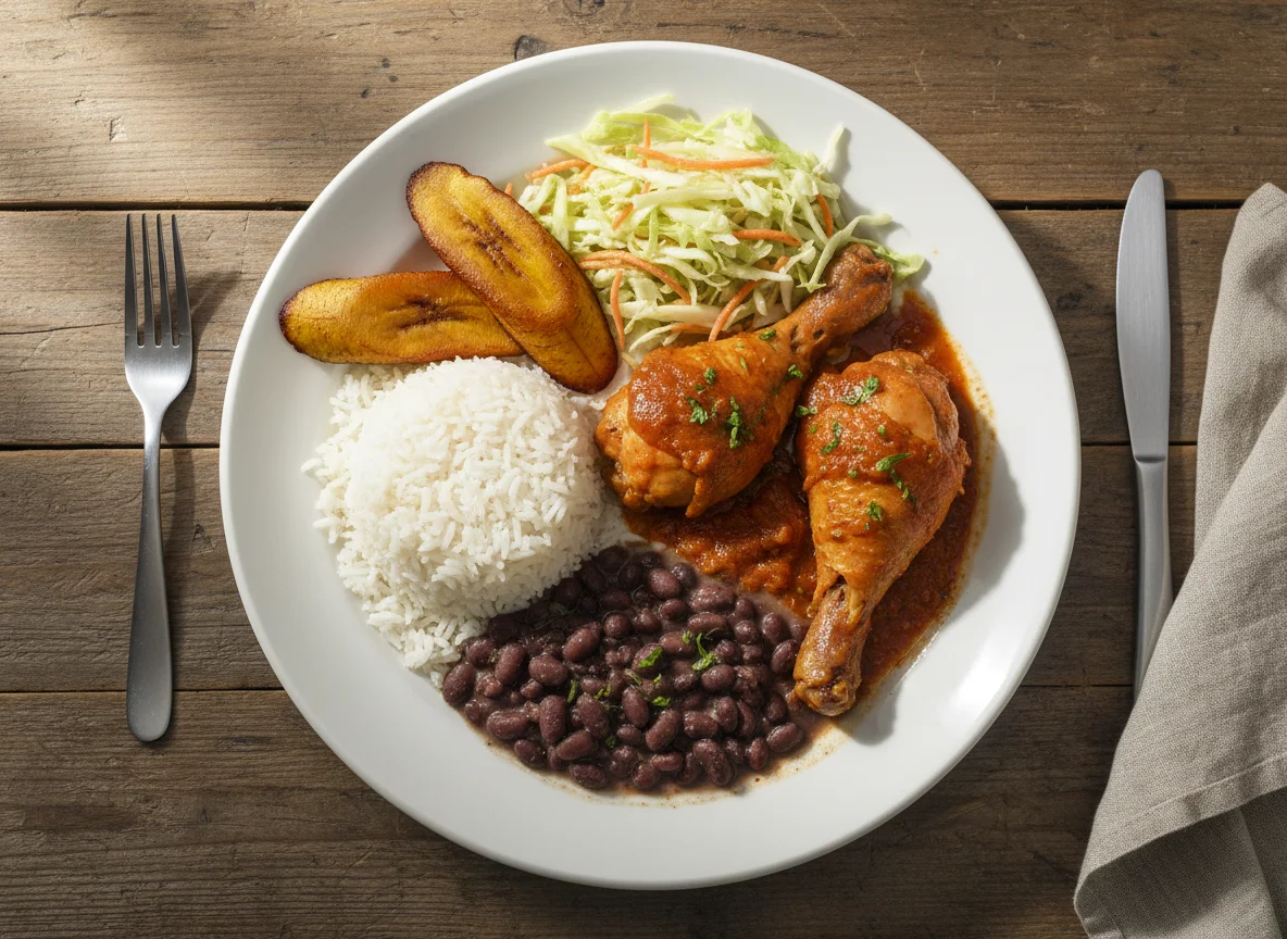 Plato de pollo con arroz, frijoles y ensalada photo