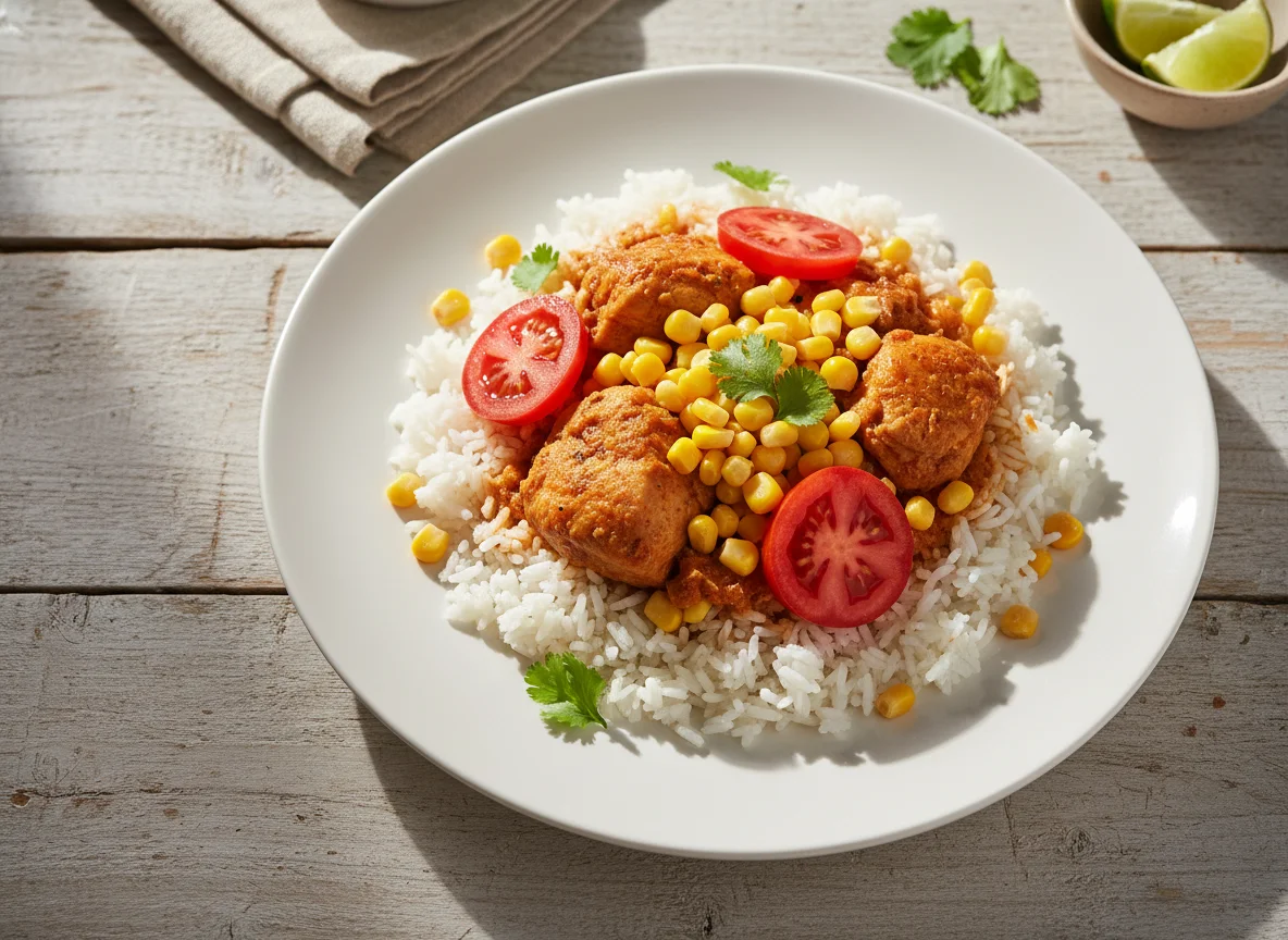 Plato de pollo con arroz, maíz y tomate photo