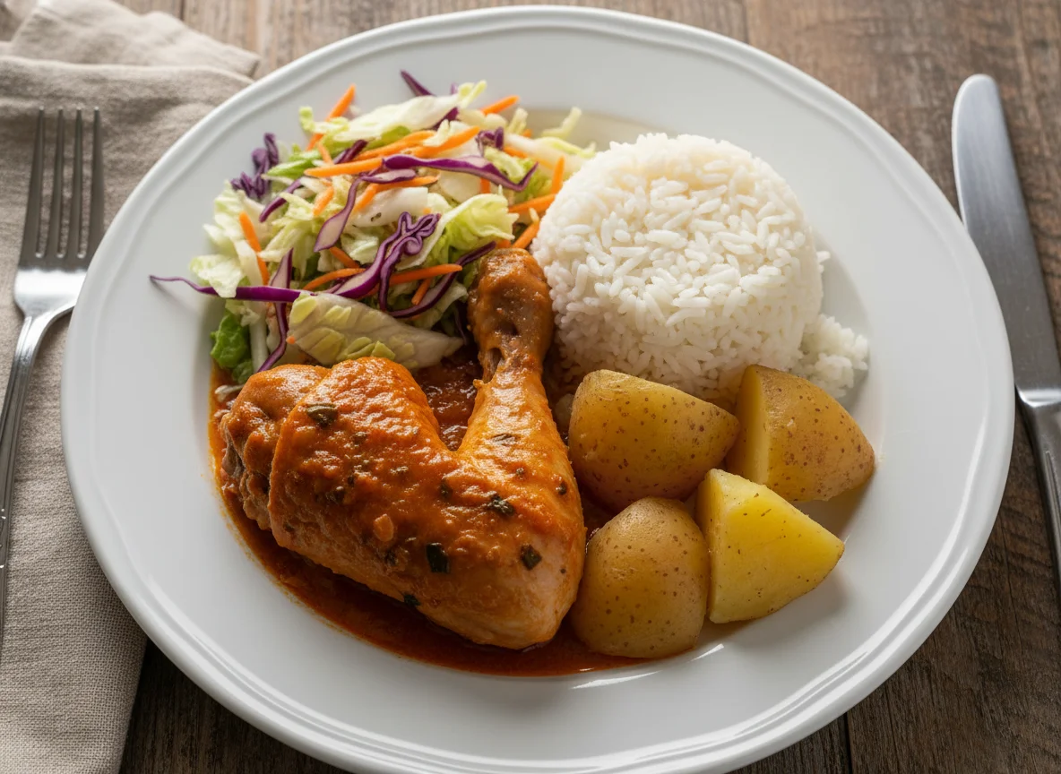 Plato de pollo con arroz, papa y ensalada photo