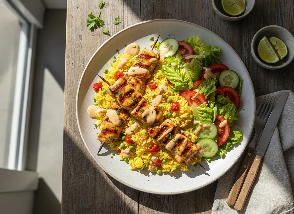 Plato de pollo con arroz y ensalada photo