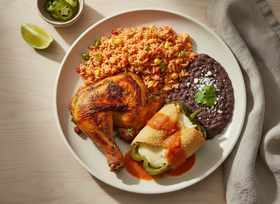Plato de pollo con arroz y frijoles photo
