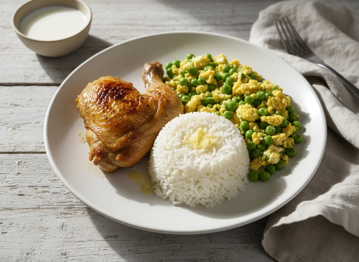 Plato de pollo con arroz y guisantes photo