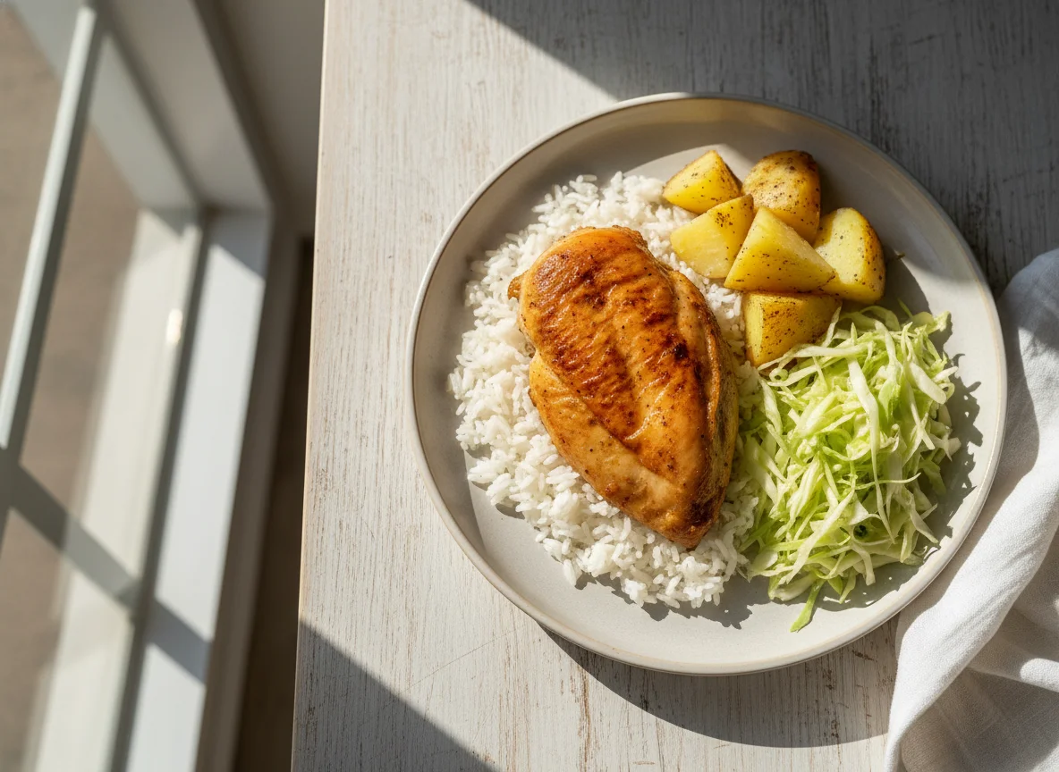 Plato de pollo con arroz y papa photo