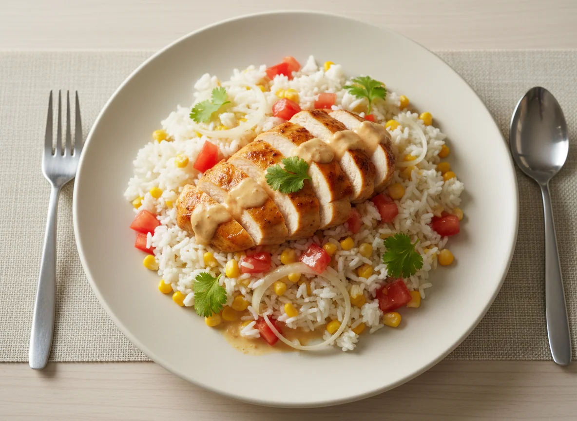 Plato de pollo con arroz y tomate photo