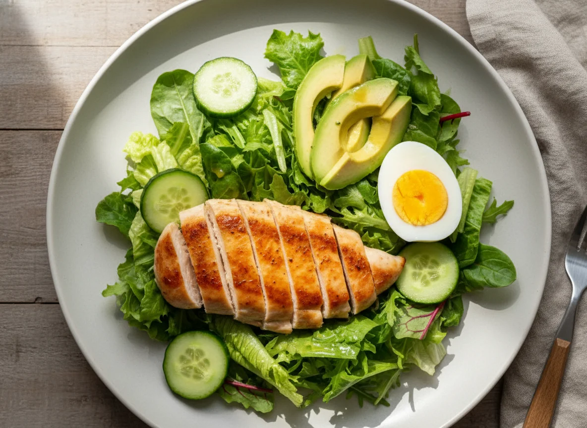 Plato de pollo con huevo y vegetales photo