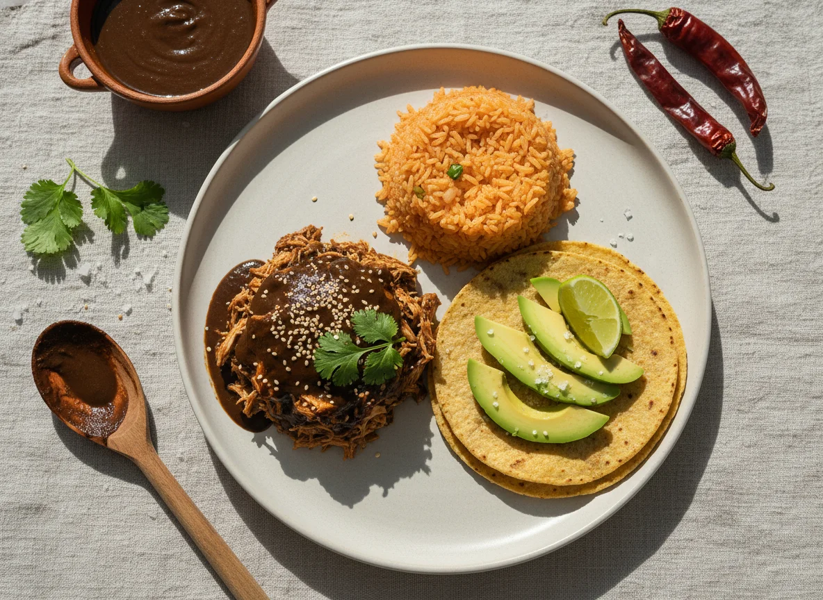 Plato de pollo con mole, arroz y tortilla con aguacate photo