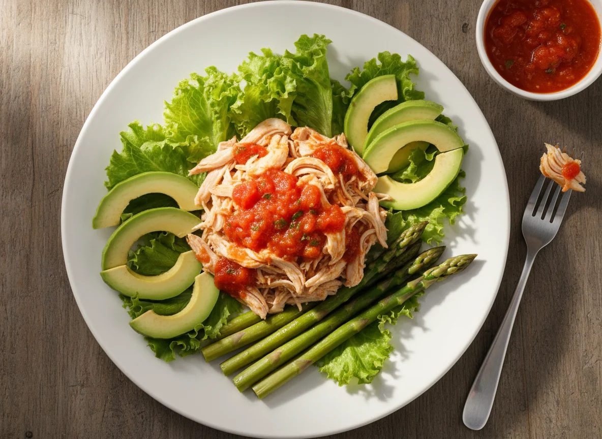Plato de pollo con palta, espárragos y lechuga photo