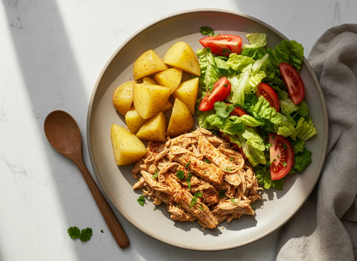 Plato de pollo con papa y ensalada photo