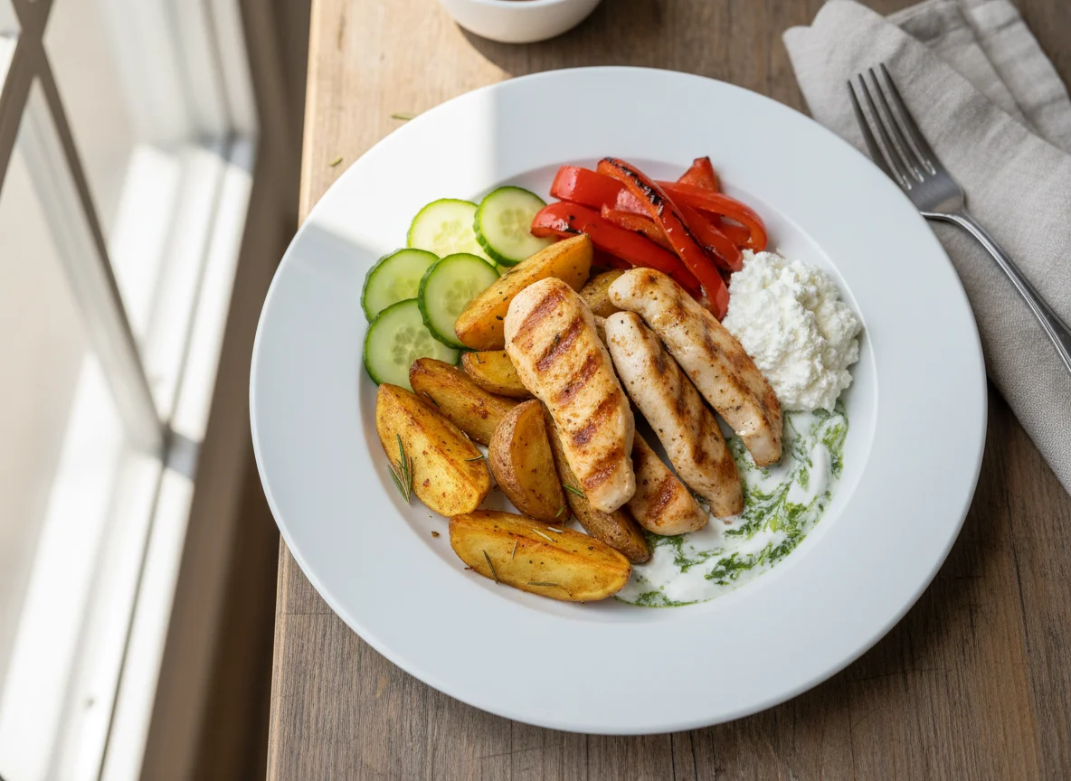Plato de pollo con patatas y verduras photo