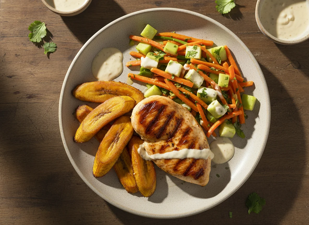 Plato de pollo con plátano maduro y vegetales salteados photo