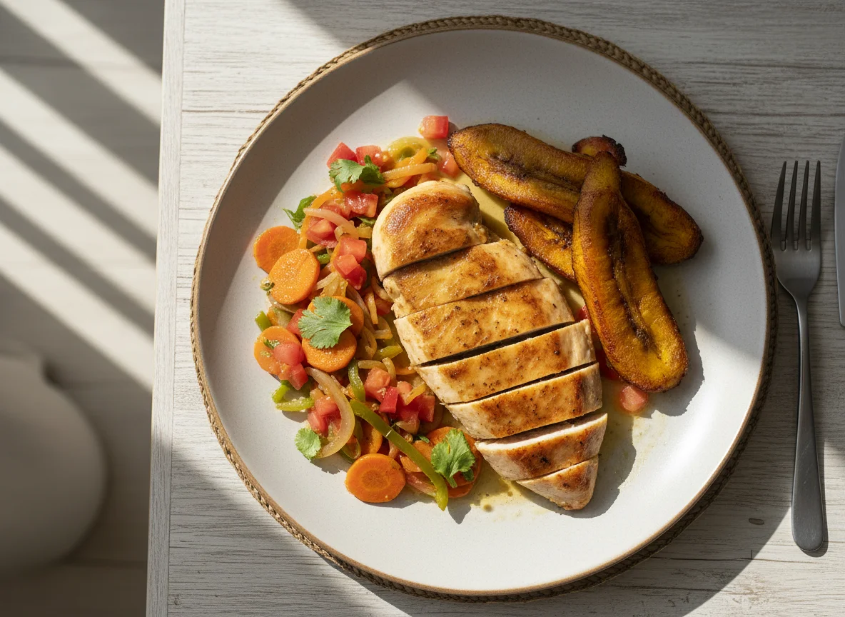 Plato de pollo con plátano maduro, zanahorias y tomate photo
