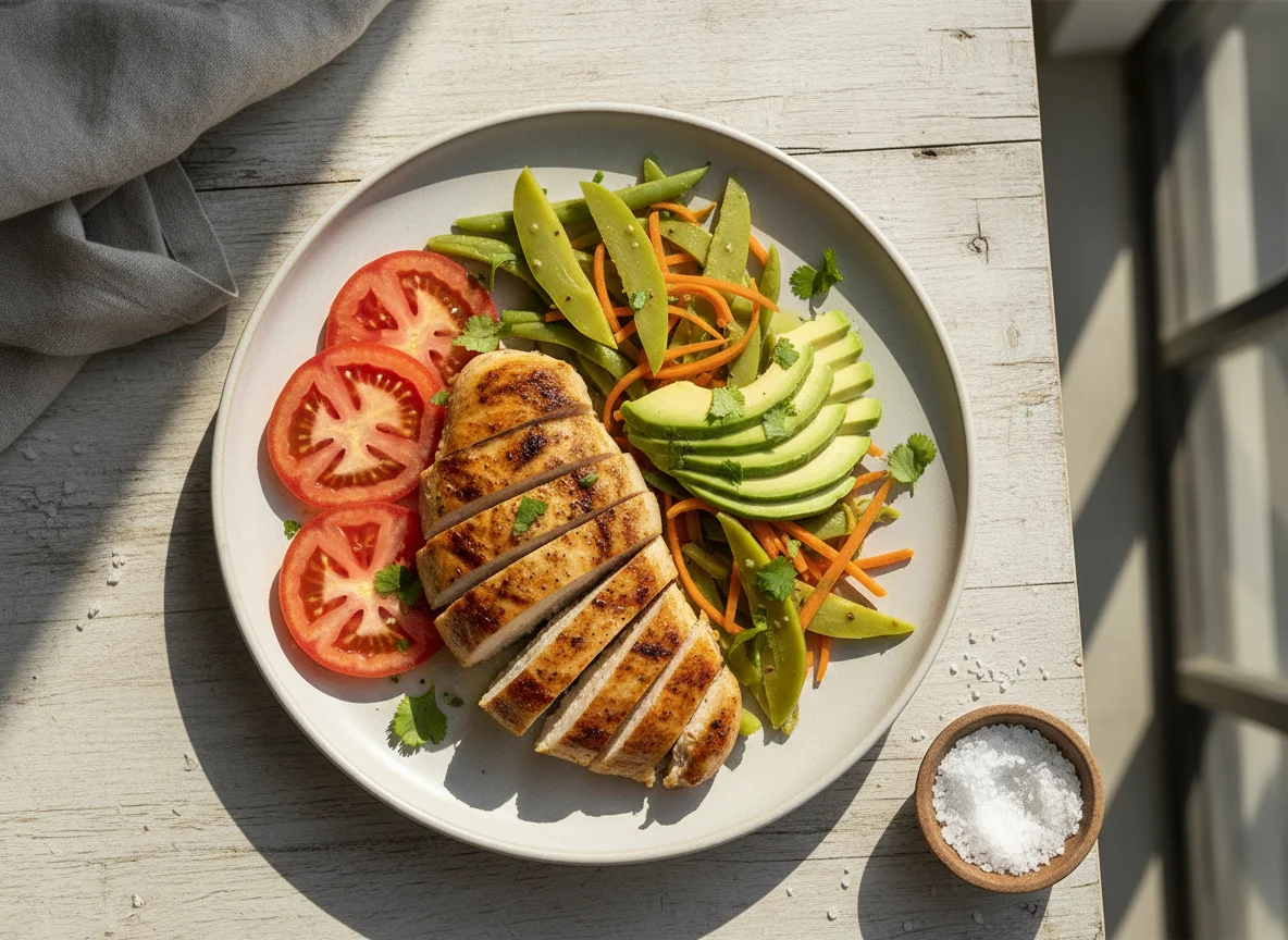 Plato de pollo con vegetales y aguacate photo